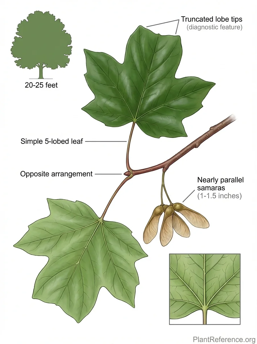 Botanical illustration of Acer truncatum (Shantung Maple) showing key identification features including truncated lobe tips and paired samaras