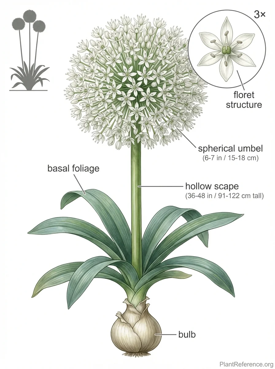 Botanical illustration of Allium 'Mount Everest' (Mount Everest Allium) showing key identification features including spherical white flower umbel, individual floret structure, and upright growth habit