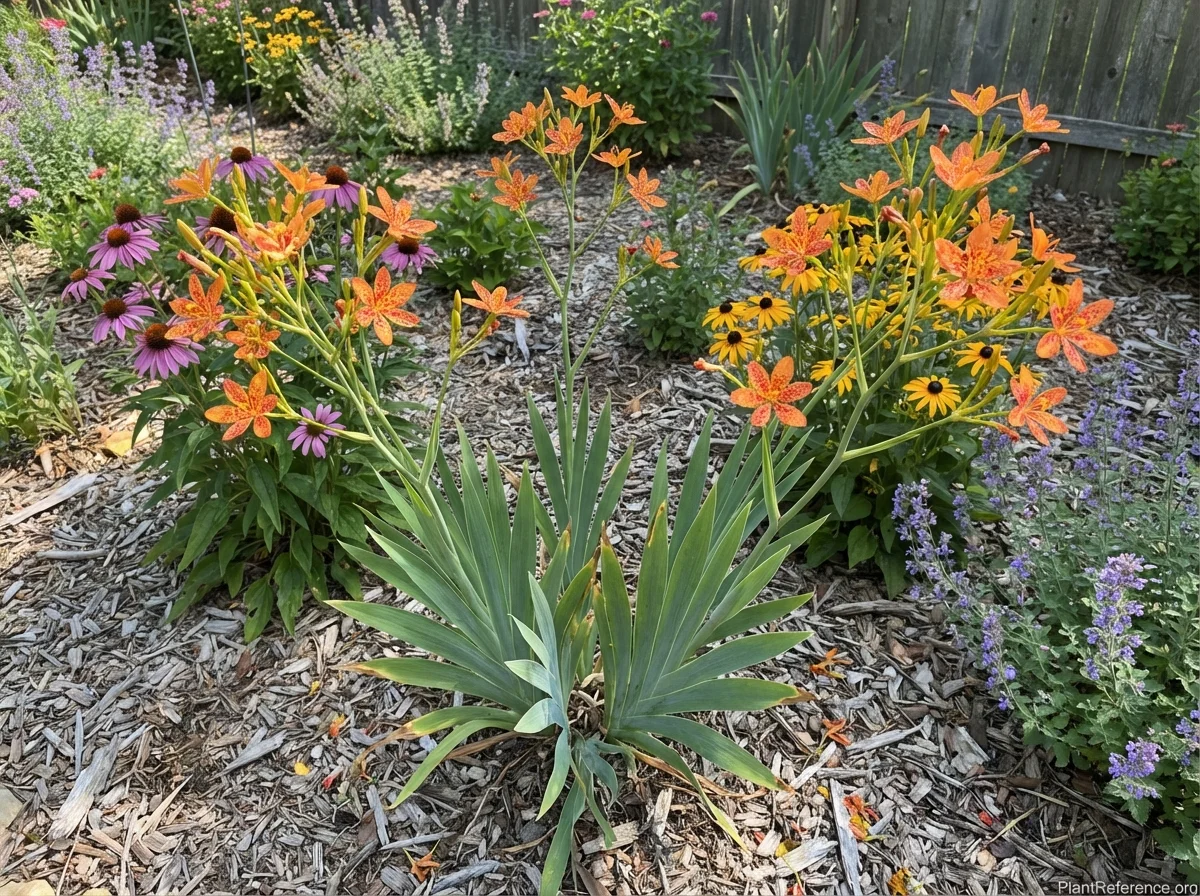 Belamcanda chinensis (Blackberry Lily) in summer bloom showing orange flowers with red spots on branched stalks above iris-like foliage in cottage garden border with purple coneflowers and catmint