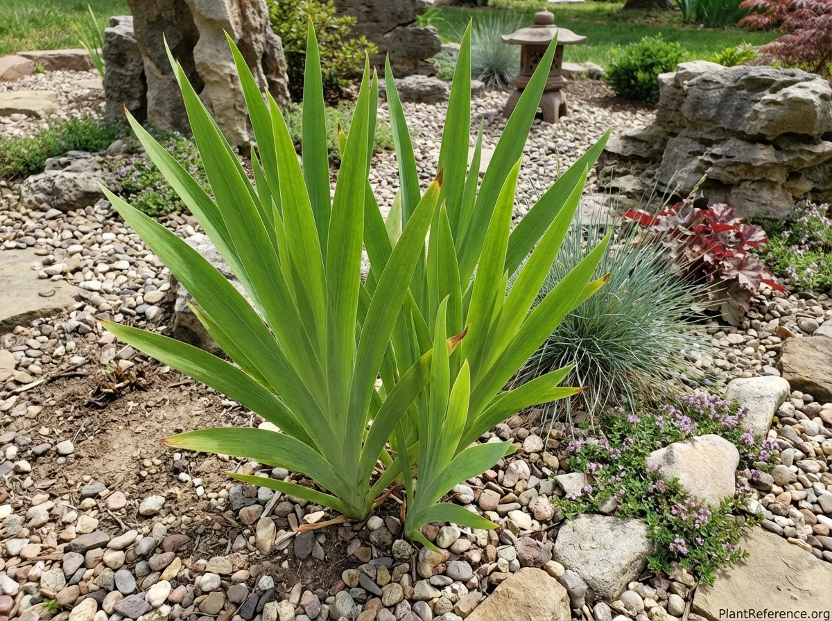 Young Belamcanda chinensis in spring showing fresh green iris-like foliage fans in early growth stage in Asian-themed rock garden with blue fescue and coral bells
