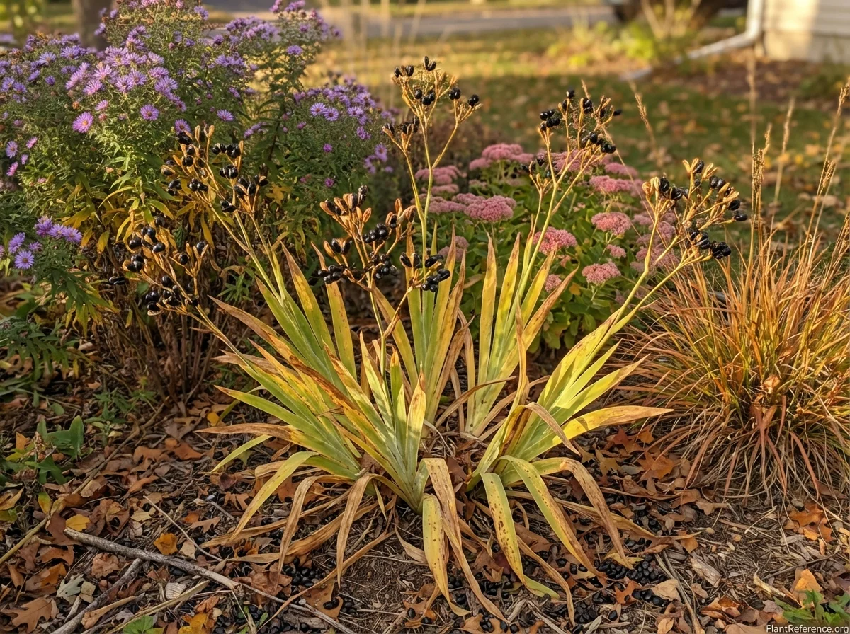 Mature Belamcanda chinensis in autumn displaying characteristic blackberry-like black seed clusters on dried stalks with yellowing sword-shaped leaves in naturalistic garden with asters and sedum