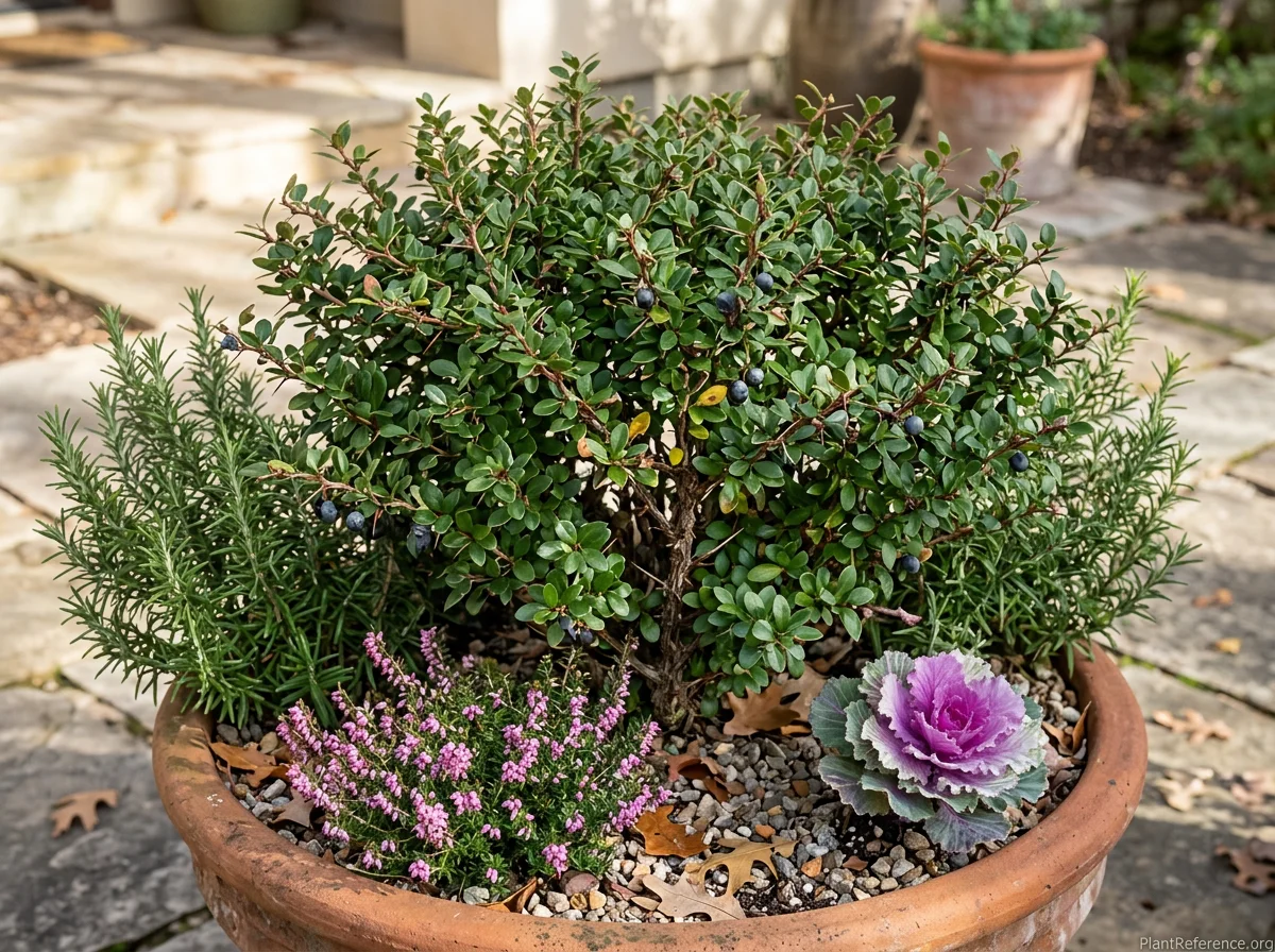 Winter view of Berberis buxifolia 'Nana' in container showing persistent evergreen leaves, thorny branching structure, and small dark berries in Mediterranean-style garden