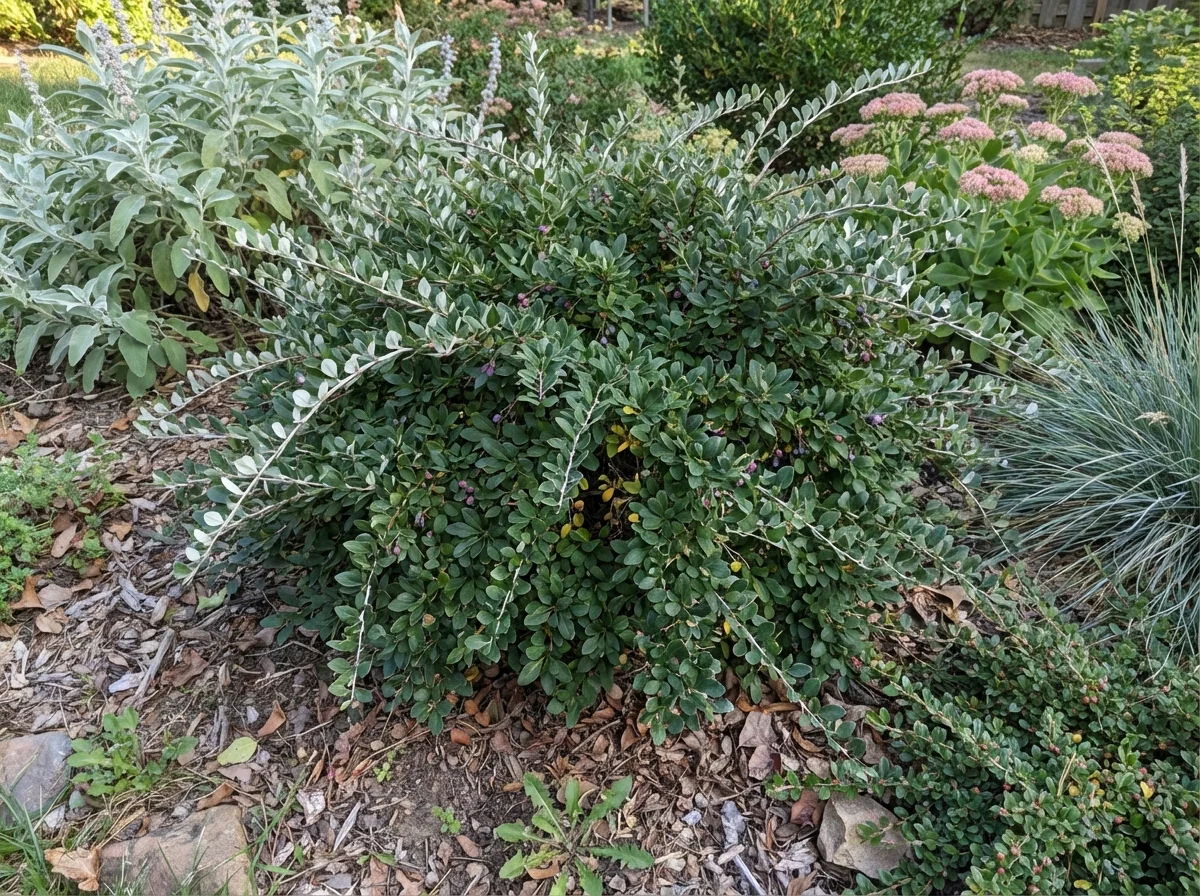 Mature Berberis candidula displaying its characteristic two-toned foliage with dark green upper leaf surfaces and silvery-white undersides, accompanied by developing purple-black berries in late summer