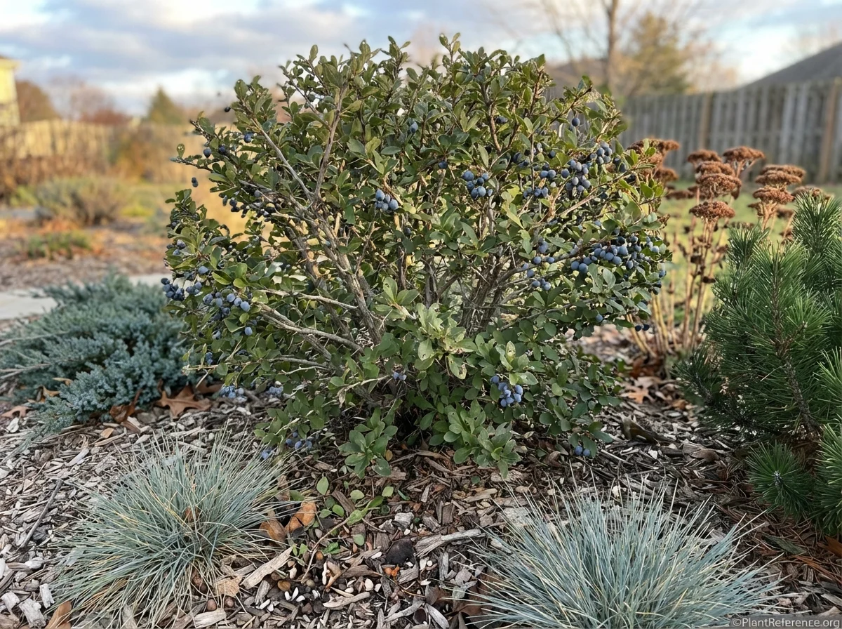 12-year-old Berberis × gladwynensis 'William Penn' barberry showing semi-evergreen winter characteristics with retained dark green leaves, persistent blue-black berries, and dense twiggy branching structure in drought-tolerant landscape setting