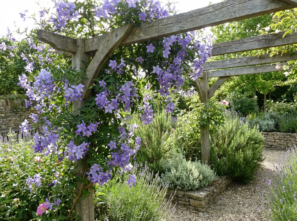 Solanum crispum 'Glasnevin' (Glasnevin Potato Vine) growing as a climbing shrub in a garden setting