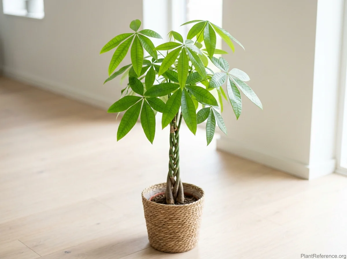 Money tree with a braided trunk and palmate glossy green leaflets in a woven basket