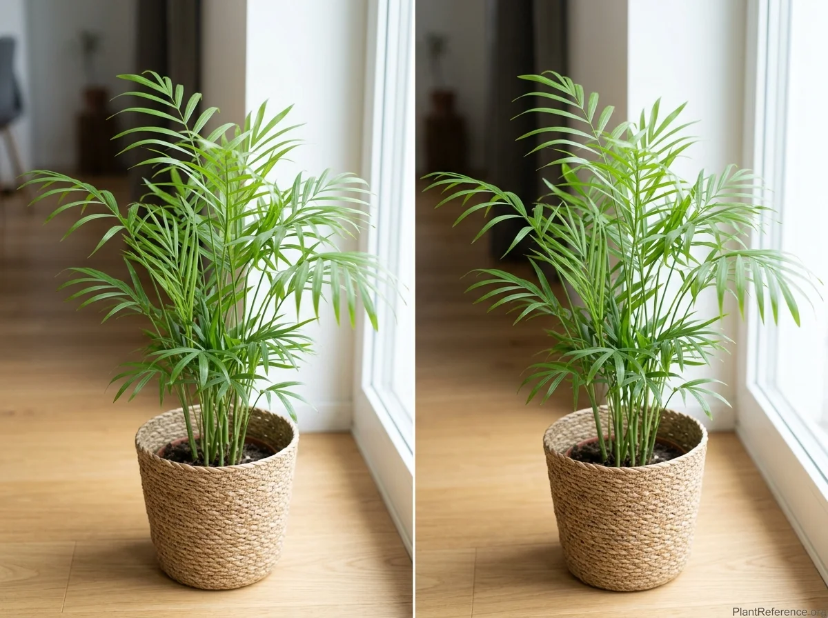Parlour palm with slender canes and delicate arching green fronds in a woven basket