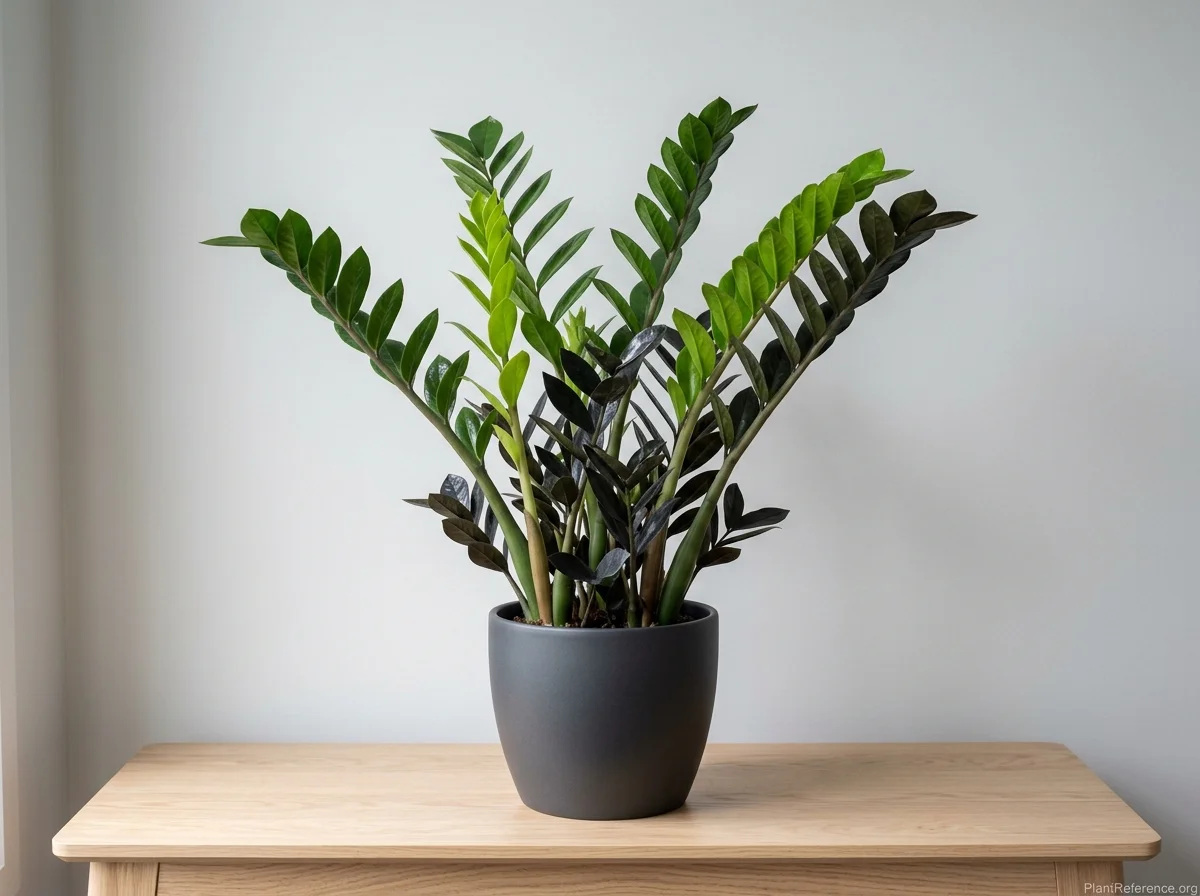 Raven ZZ plant with glossy near-black pinnate foliage and bright lime-green new growth in a charcoal pot