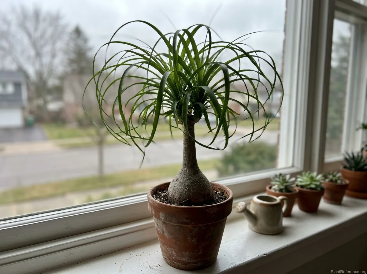 Ponytail palm with a swollen bulbous base and a fountain of long curly green leaves