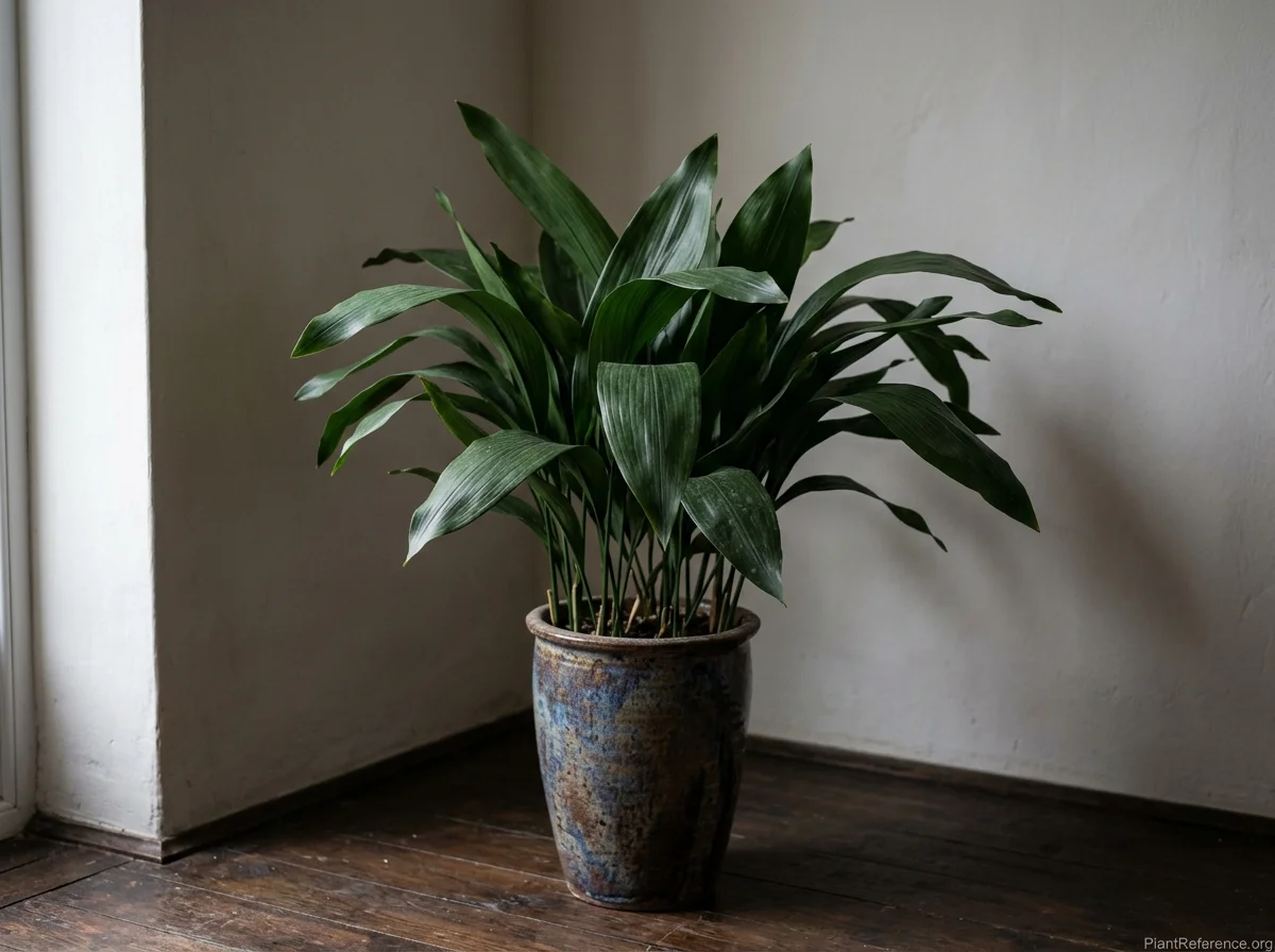 Cast iron plant with broad arching glossy dark-green leaves in a tall stoneware pot