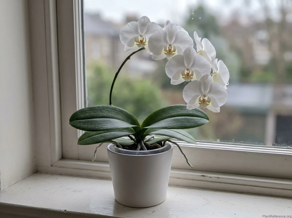 White moth orchid in bloom on an arching spike above thick green leaves in a white pot