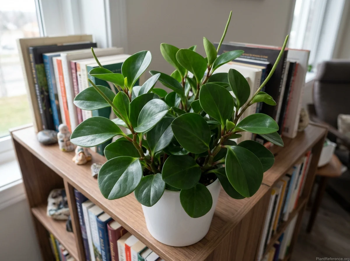 Baby rubber plant with thick glossy rounded green leaves in a white pot