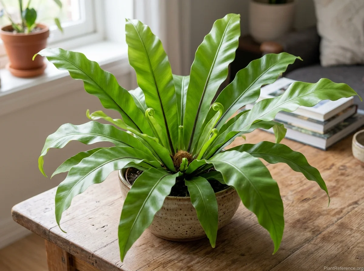 Bird's nest fern with broad wavy apple-green fronds radiating from a central rosette