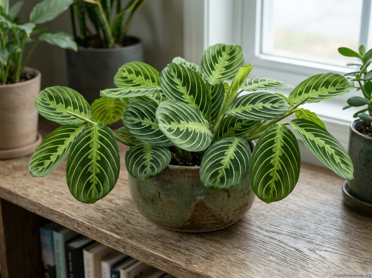 Lemon-lime prayer plant with dark-green leaves and bright herringbone veining in a ceramic pot