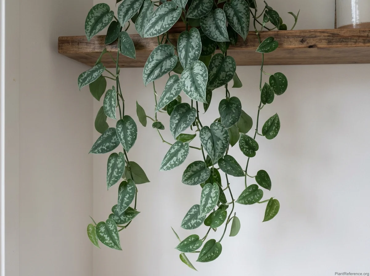 Satin pothos with matte blue-green heart-shaped leaves splashed shimmering silver, trailing