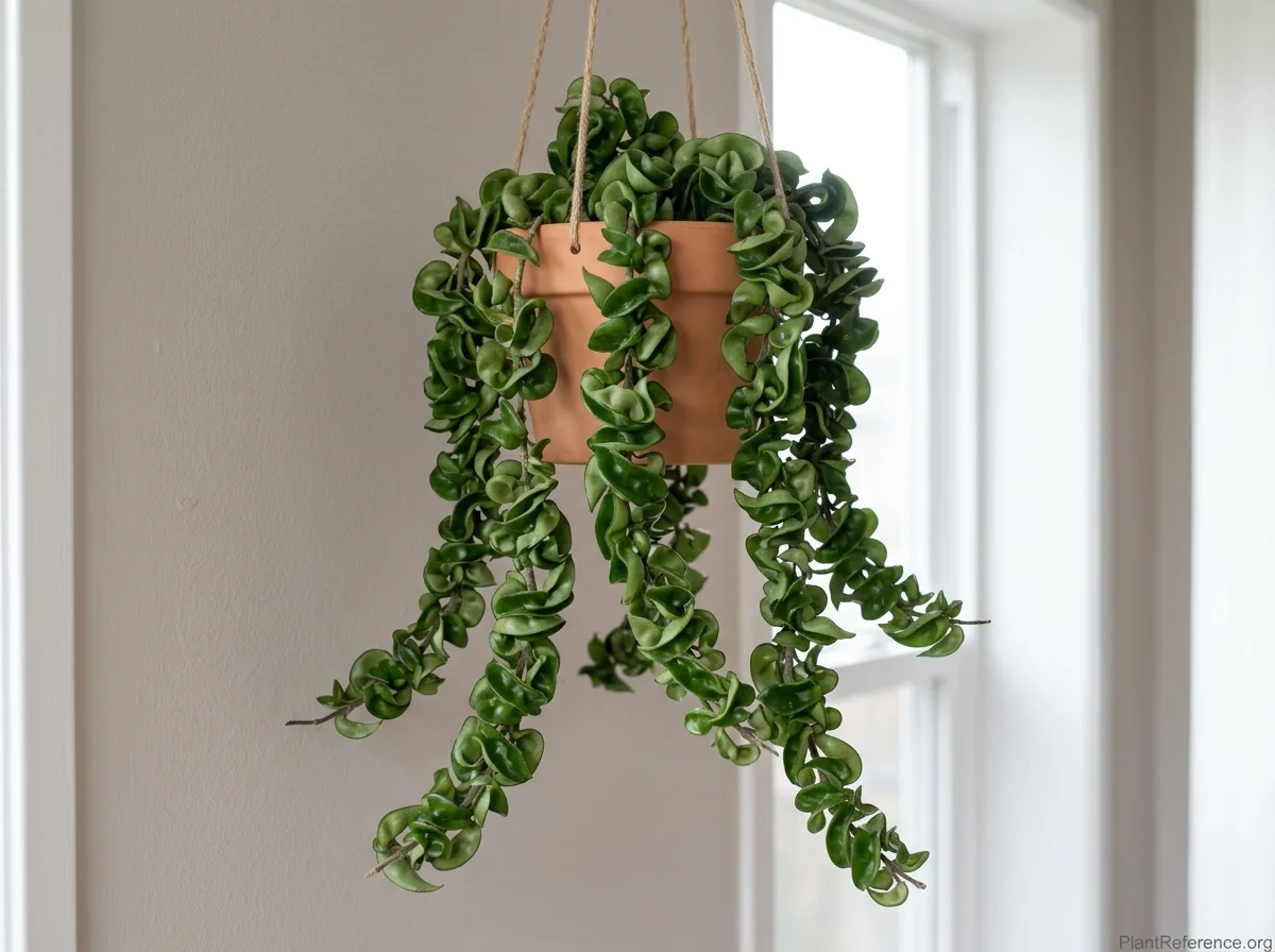 Hindu rope hoya with curled waxy leaves on twisting rope-like trailing stems