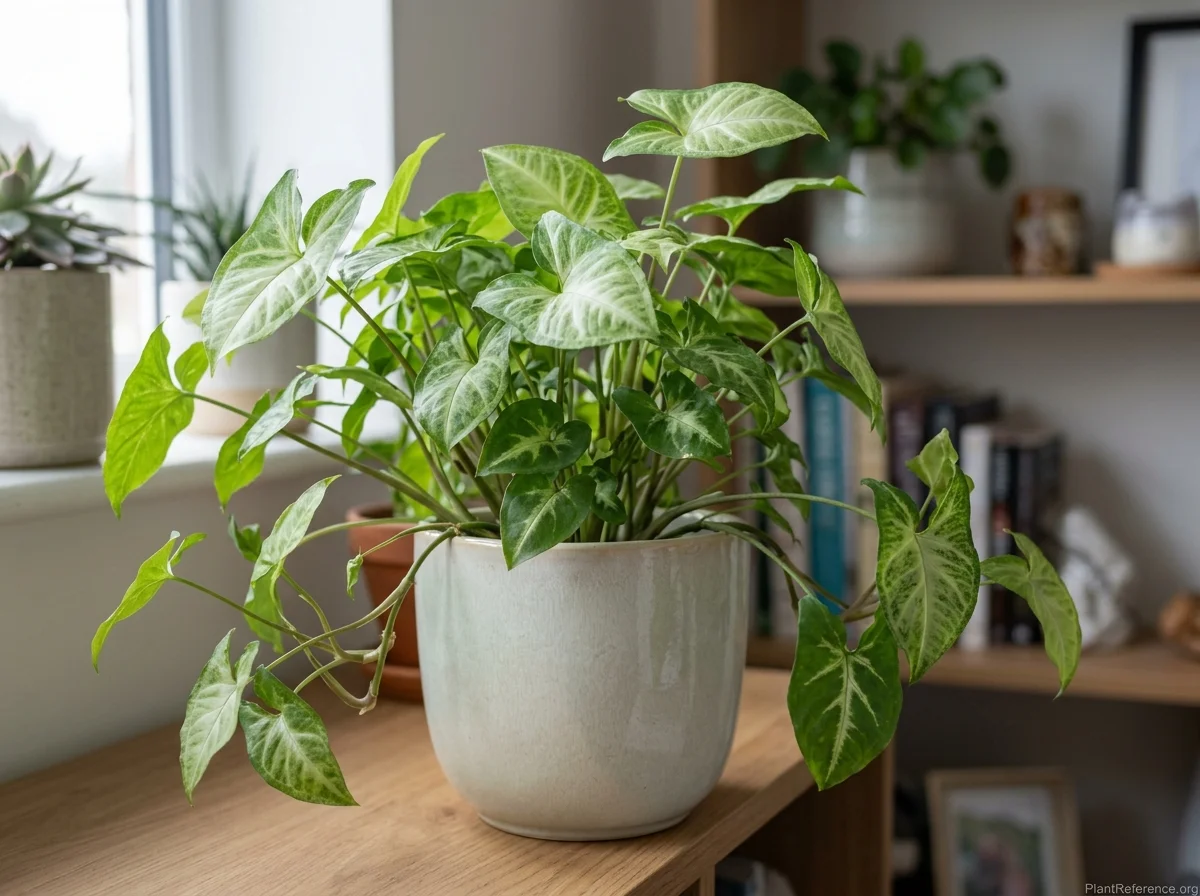 Arrowhead plant with green arrow-shaped leaves and pale veined centres in a ceramic pot