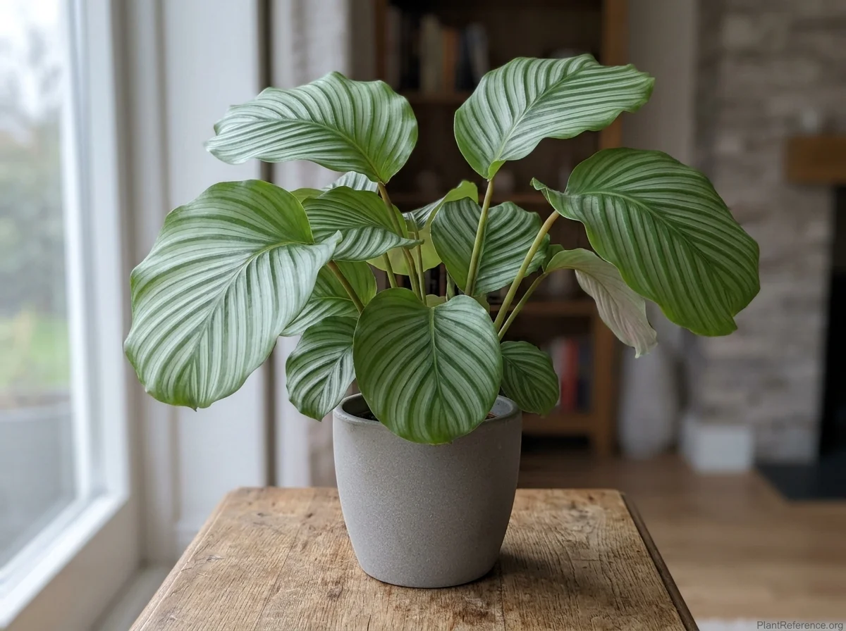 Calathea orbifolia with round silvery-green leaves striped darker green in a grey pot