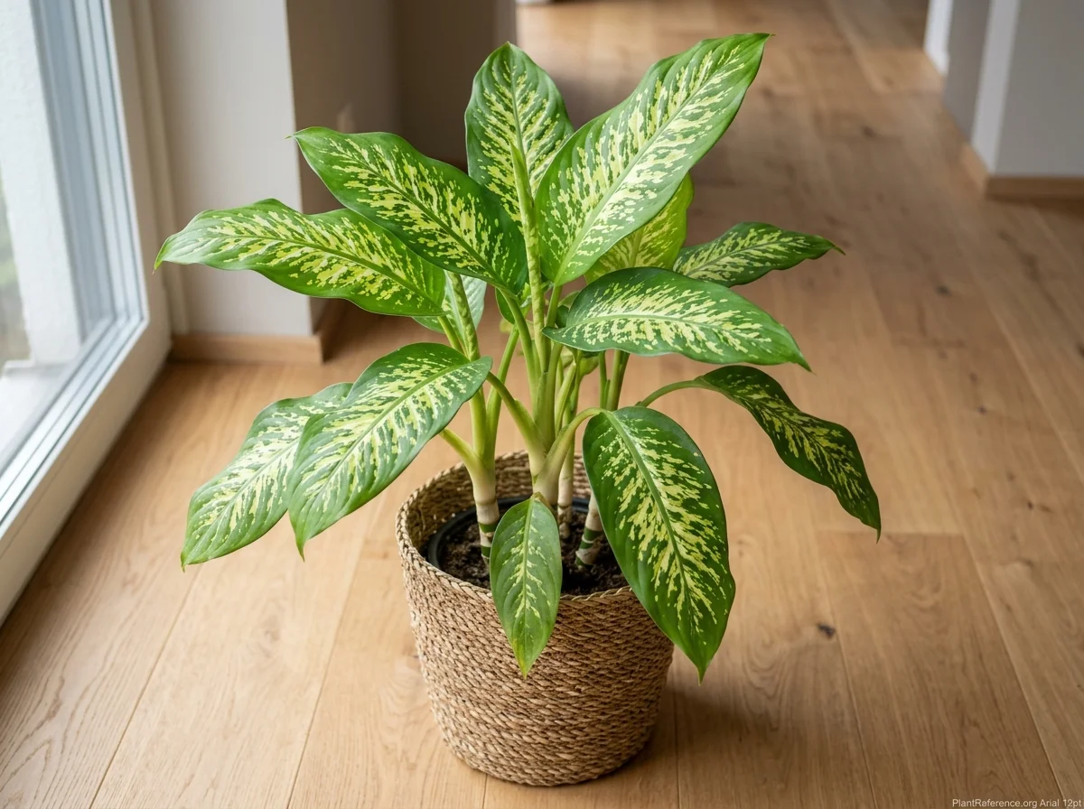 Dumb cane with green leaves blotched cream-yellow on cane-like stems in a woven planter