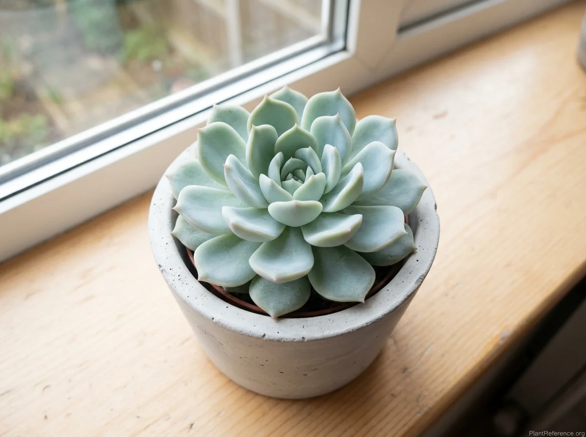 Echeveria elegans rosette of pale blue-green succulent leaves with pink tips in a concrete pot