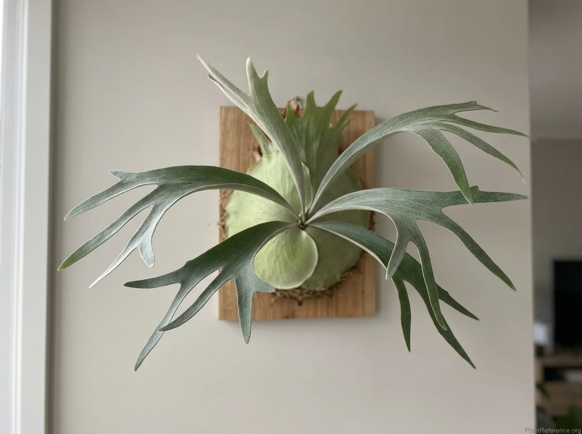 Staghorn fern mounted on wood with forked antler-like grey-green fronds