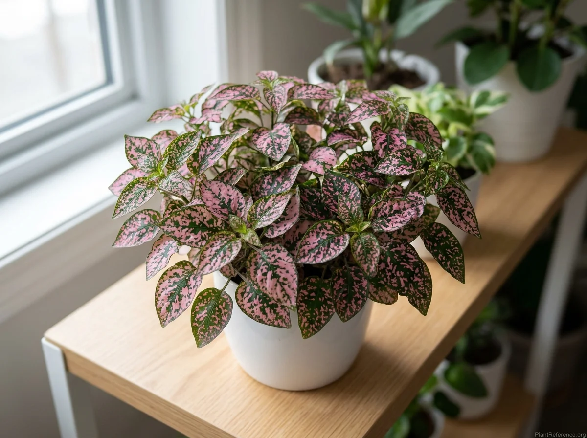 Polka dot plant with green leaves splashed bright pink in a white pot
