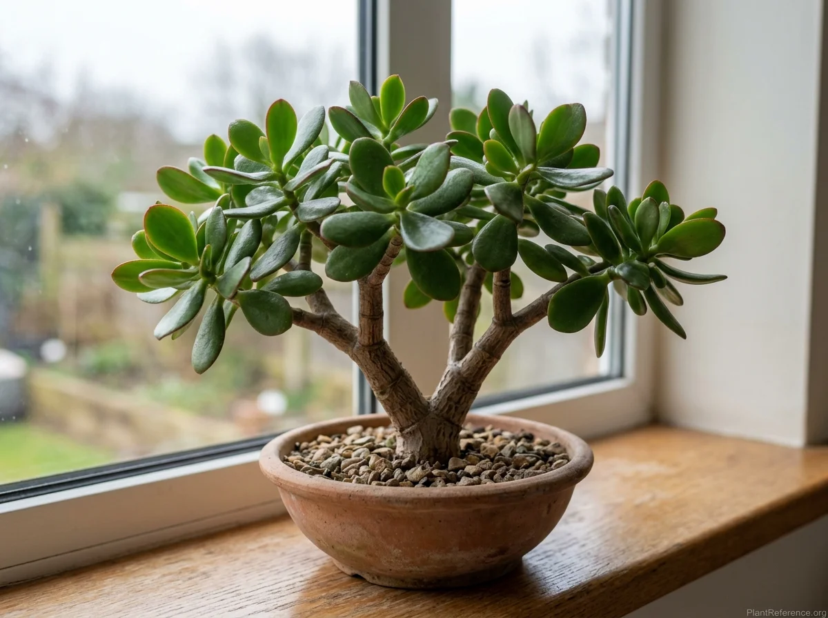 Jade plant with plump glossy oval succulent leaves on a woody trunk in a terracotta bowl