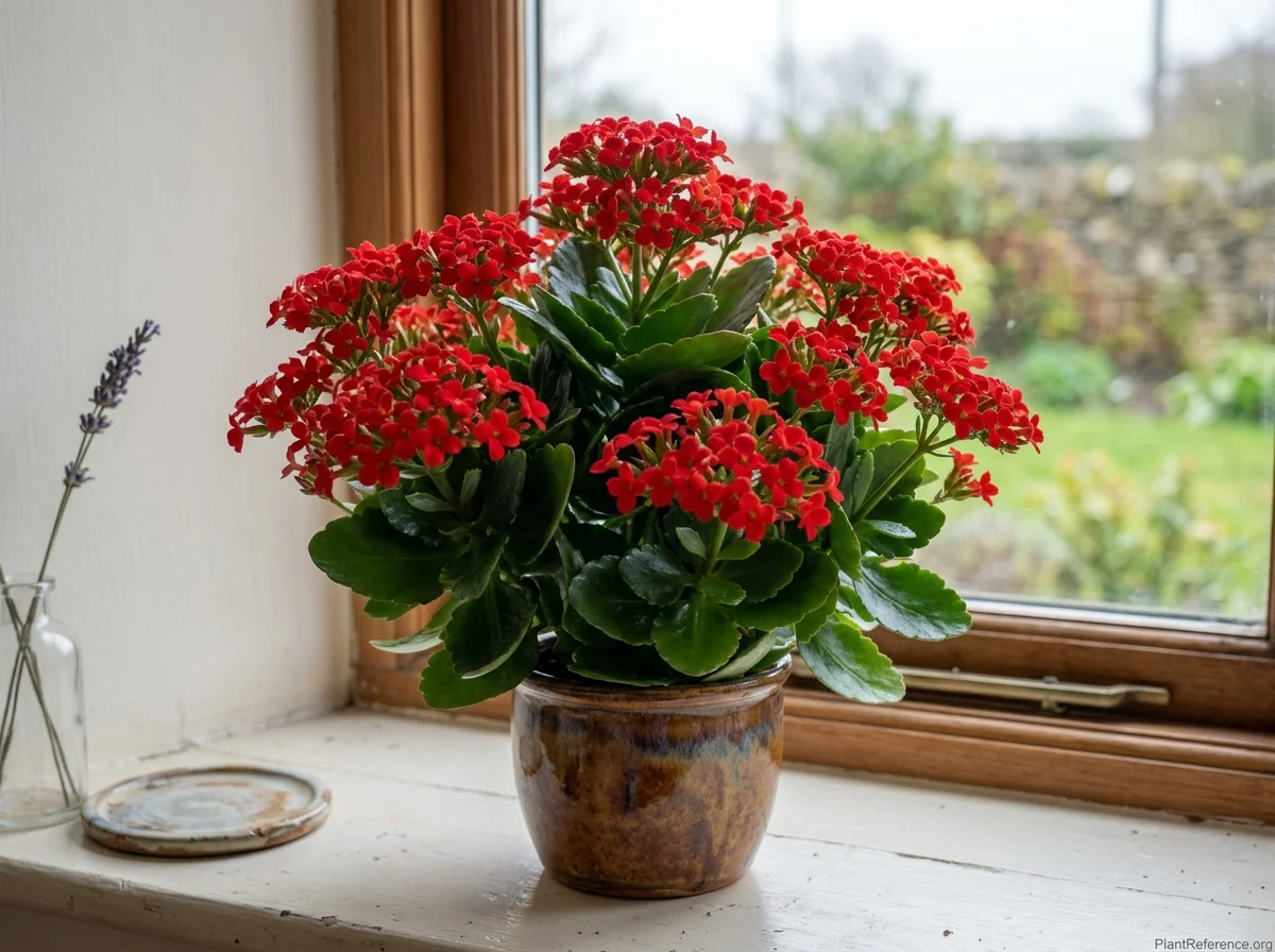 Flaming Katy kalanchoe with clusters of small red flowers above glossy scalloped leaves