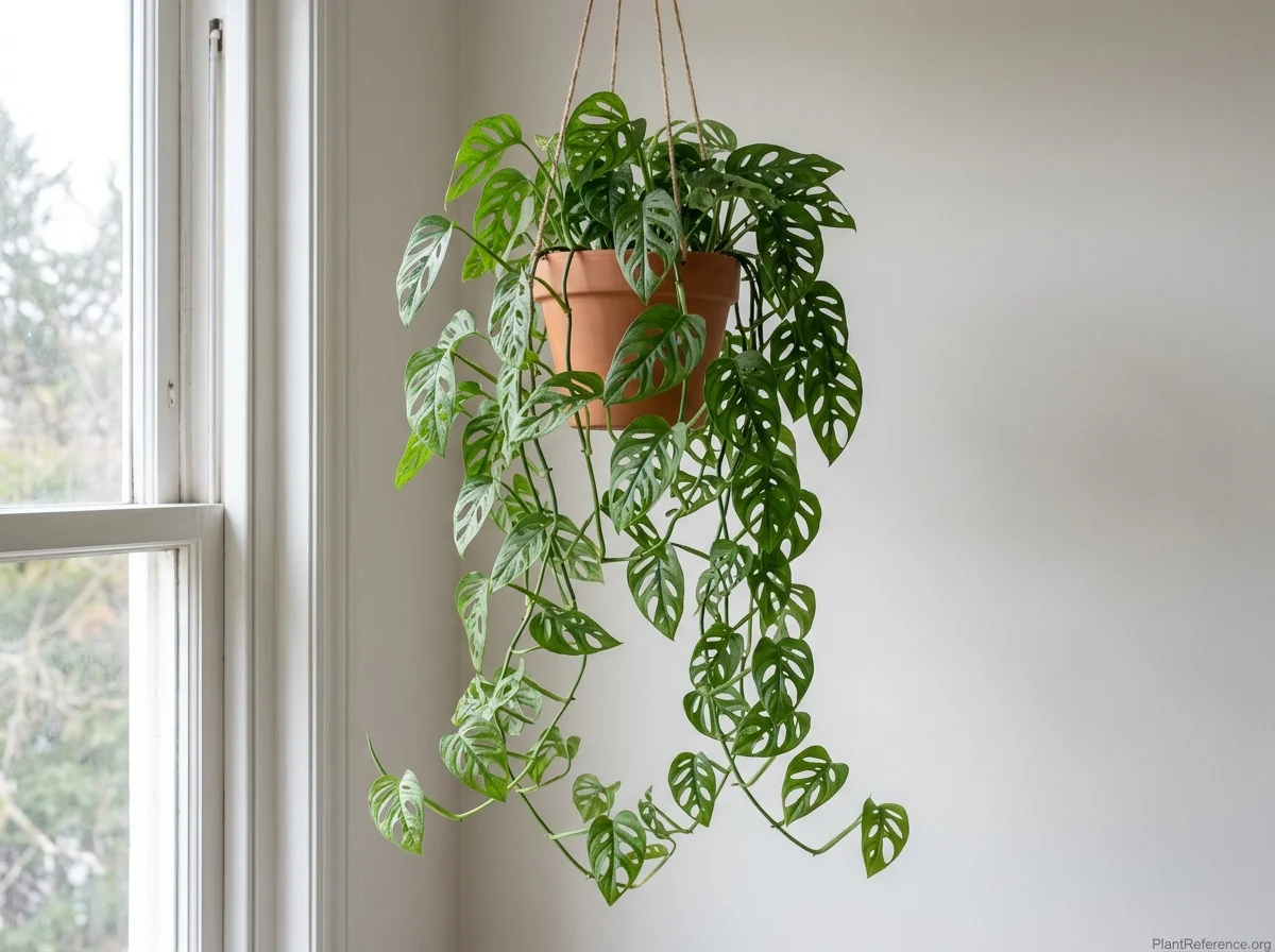 Swiss cheese vine with holed glossy green leaves trailing from a hanging pot