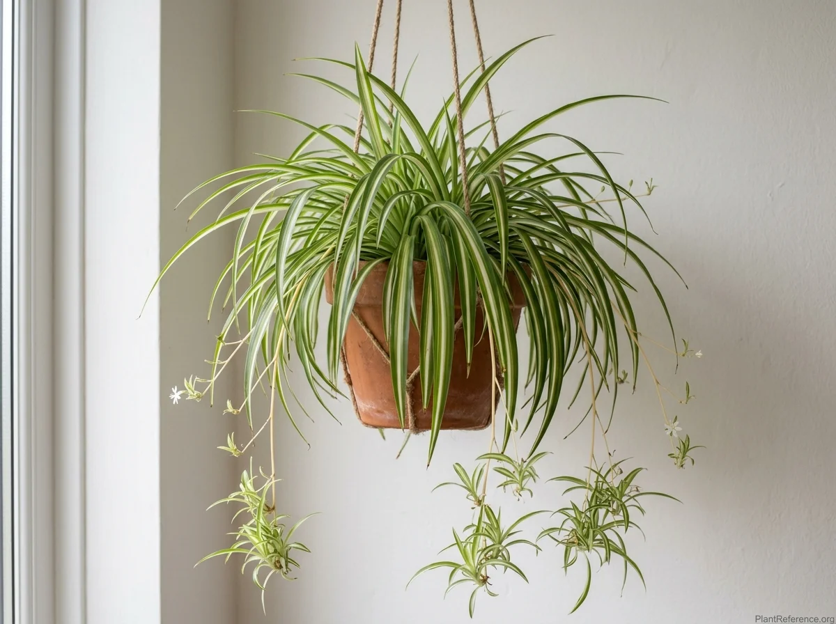 Variegated spider plant with arching striped leaves and dangling plantlets in a hanging pot