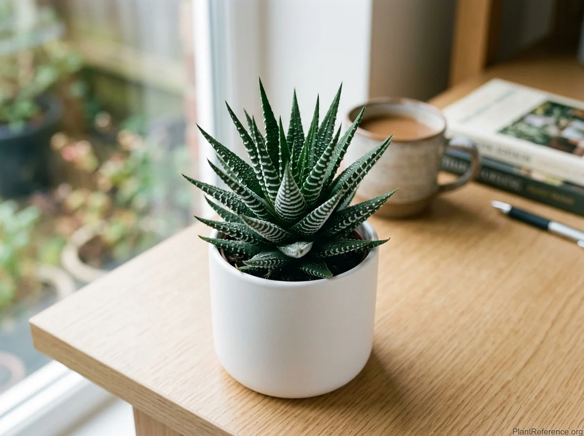 Zebra haworthia rosette of dark-green leaves banded with raised white stripes in a white pot