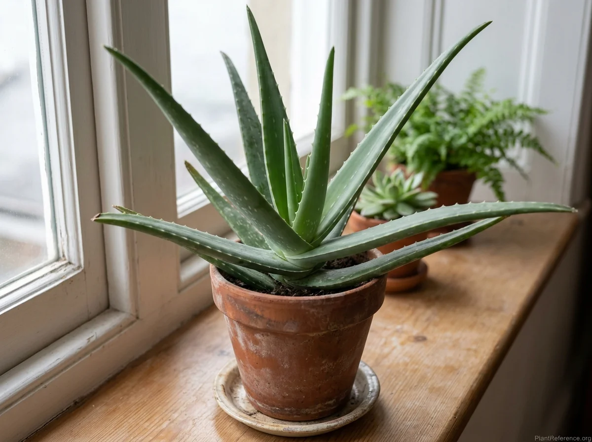 Aloe vera rosette of thick grey-green succulent leaves with toothed margins in a terracotta pot