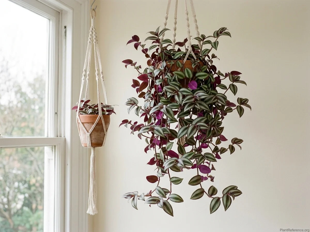 Inch plant with silver-and-green striped leaves and purple undersides trailing from a hanging pot