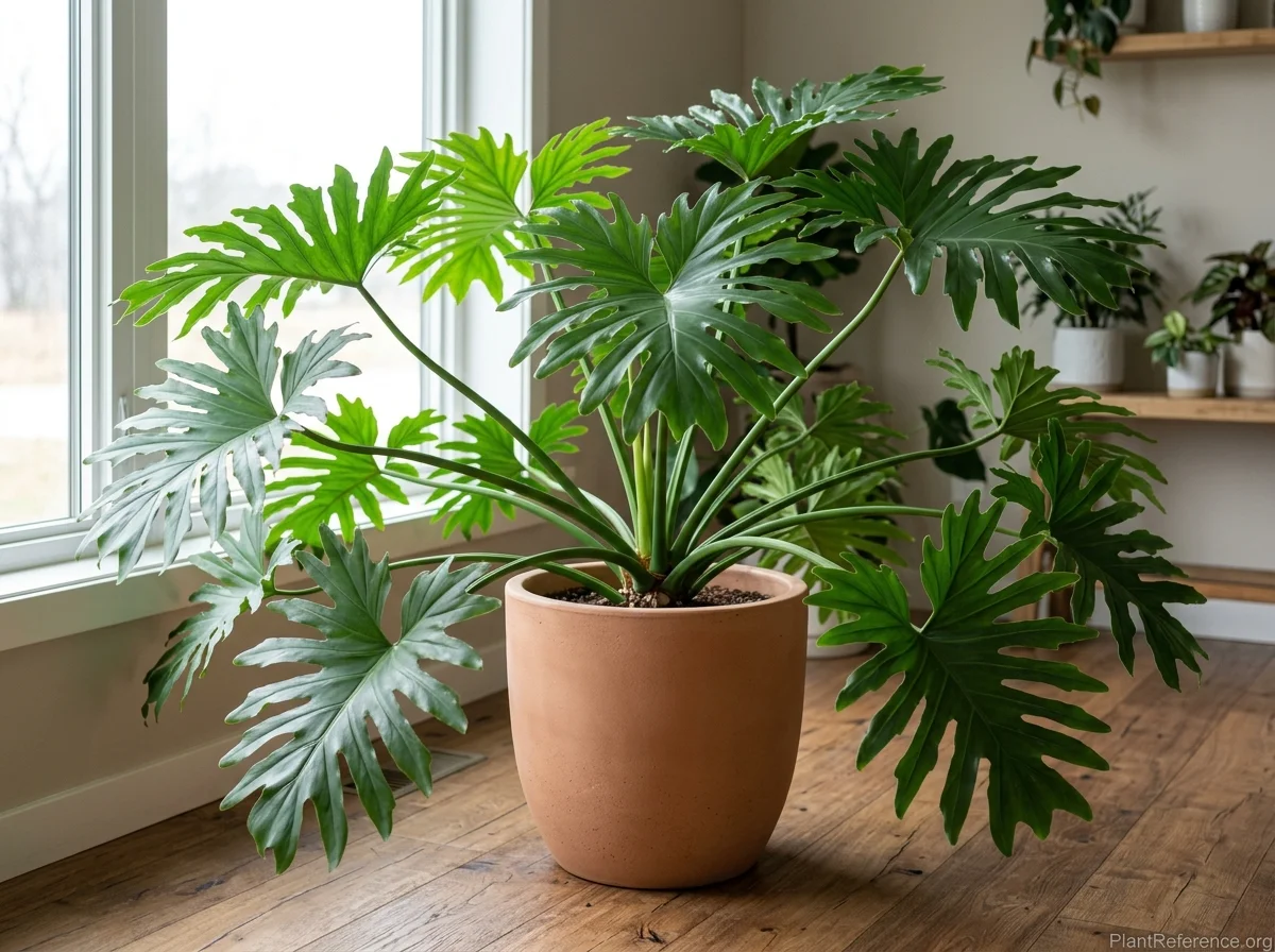 Split-leaf philodendron with large deeply lobed glossy green leaves in a matte pot
