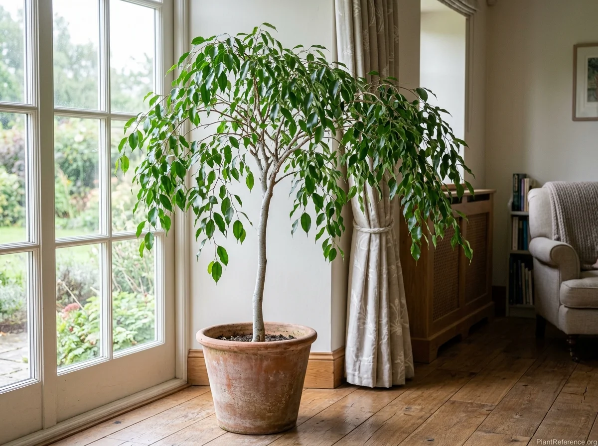 Weeping fig indoor tree with a dense canopy of small glossy leaves in a terracotta pot