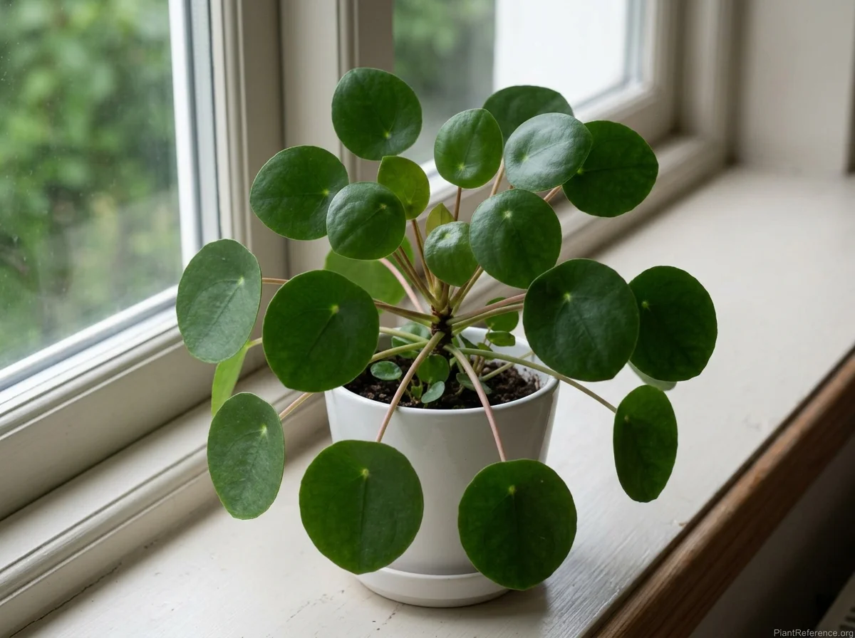 Chinese money plant with round coin-shaped glossy leaves on slender stems in a white pot