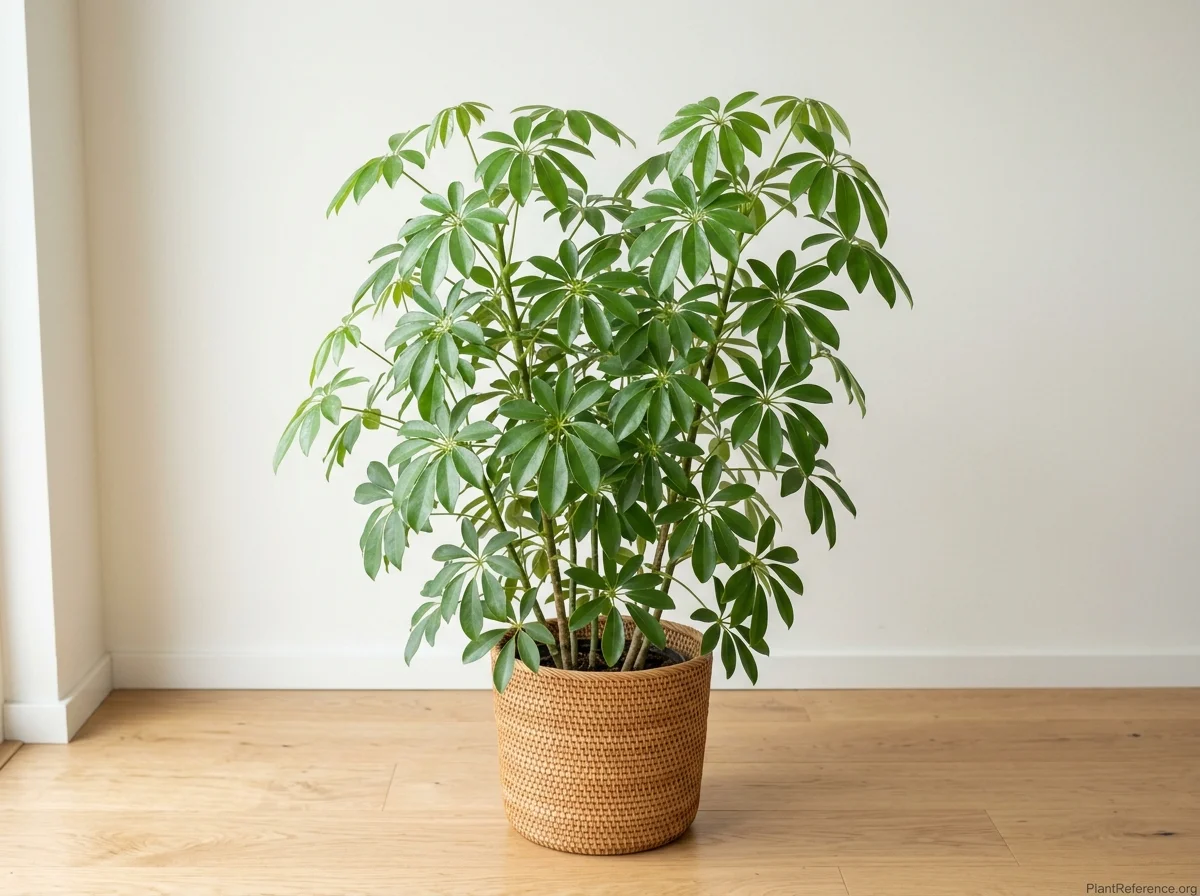 Dwarf umbrella tree with whorls of glossy green leaflets radiating like umbrella spokes