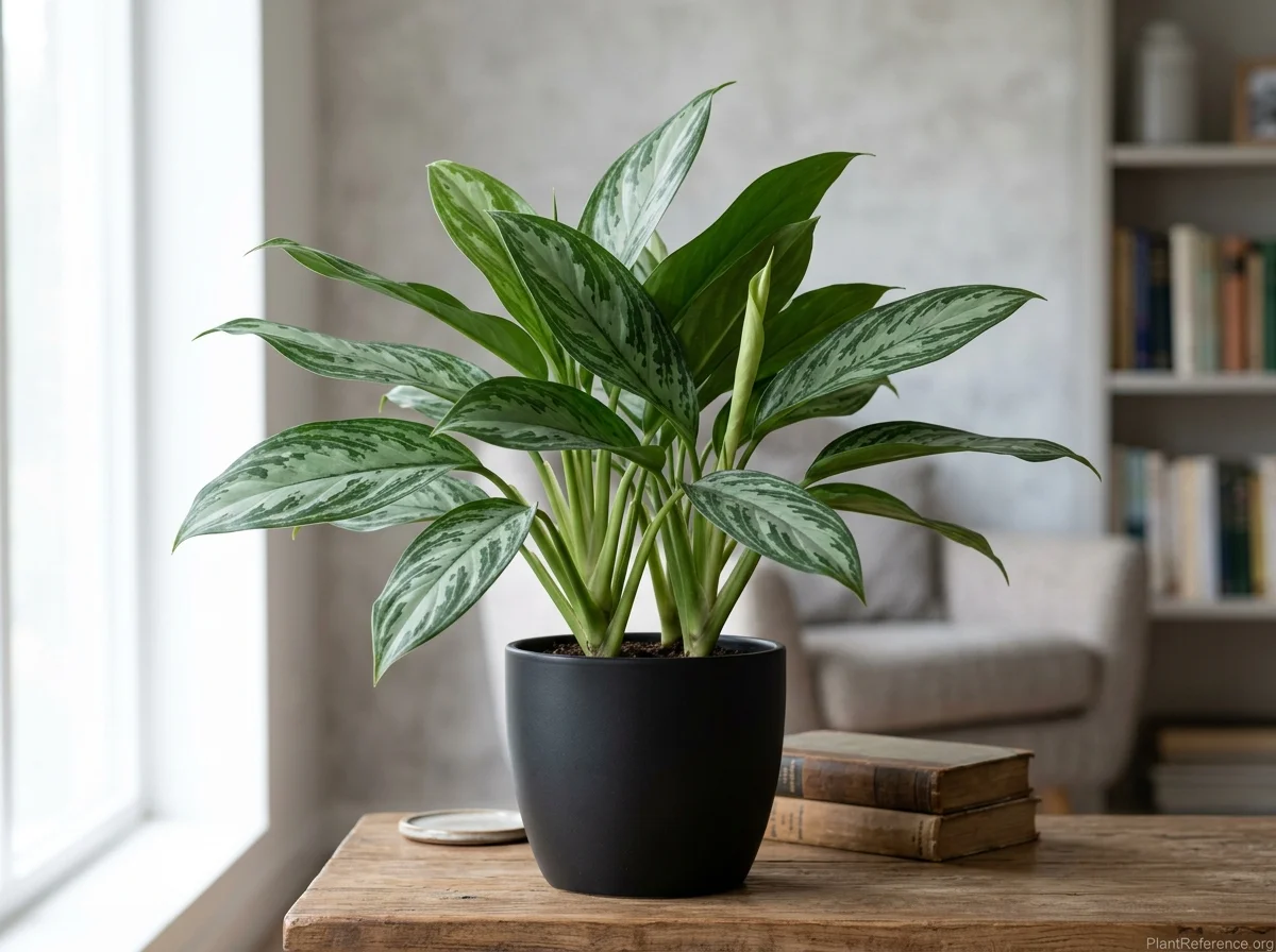 Chinese evergreen with green leaves feathered silver-grey in a black pot
