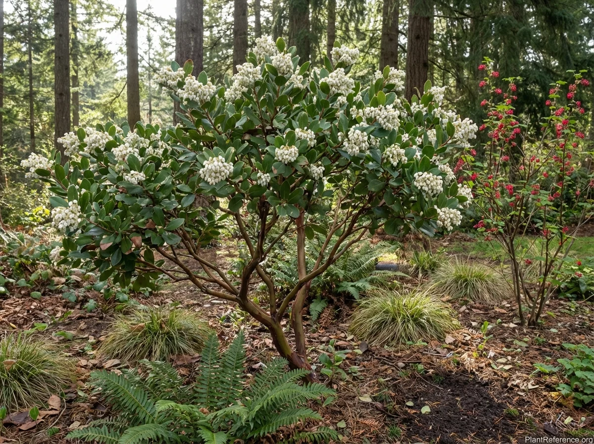 Five-year-old Arctostaphylos columbiana shrub in spring bloom showing distinctive reddish-brown exfoliating bark, dense white flower clusters, and dark green leathery leaves in a naturalistic Pacific Northwest garden setting.