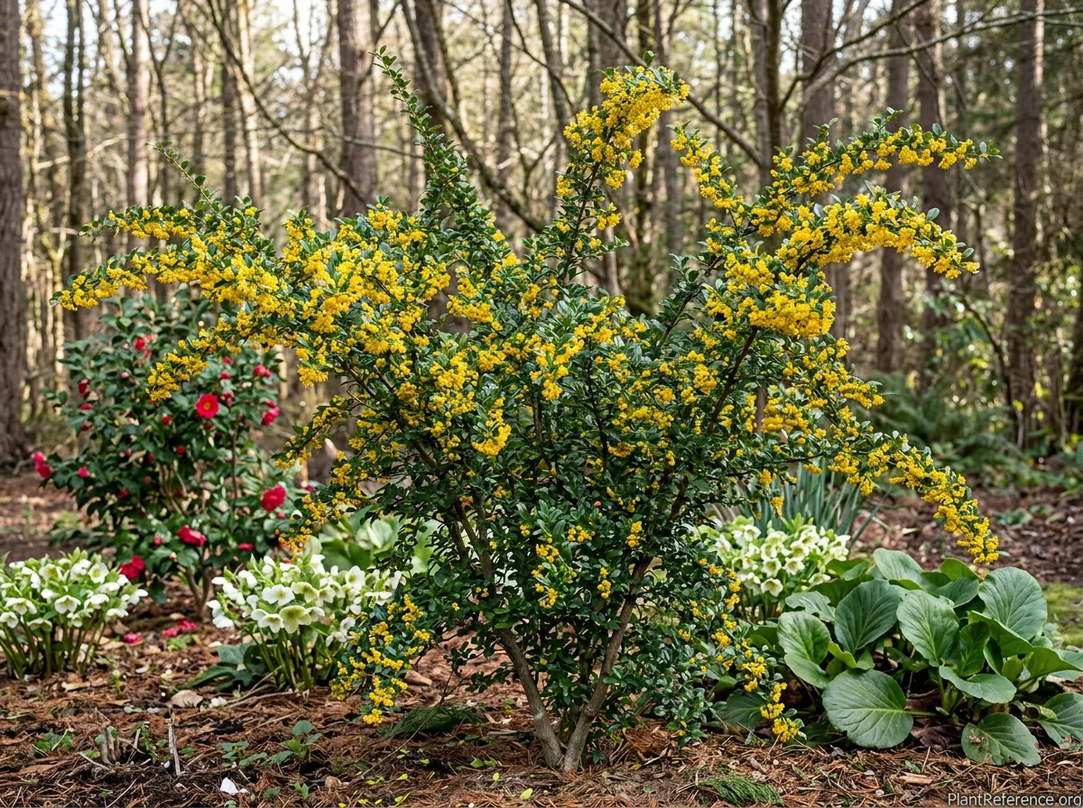 5-year-old Azara microphylla shrub in full bloom showing tiny golden-yellow fragrant flowers covering graceful branches with small glossy green leaves in Pacific Northwest woodland garden setting