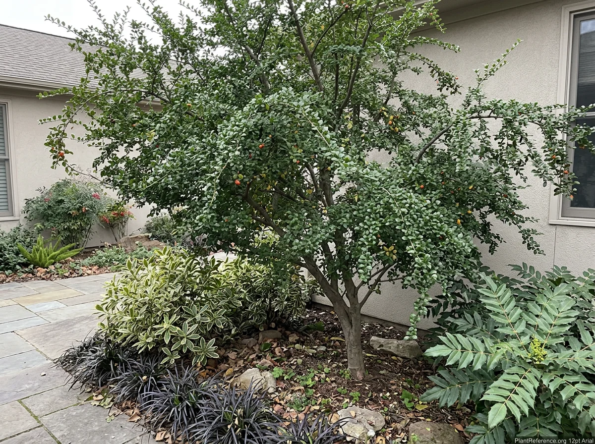 Established 20-year-old Azara microphylla showing elegant winter evergreen structure with arching branches densely covered in small glossy leaves in protected courtyard garden setting