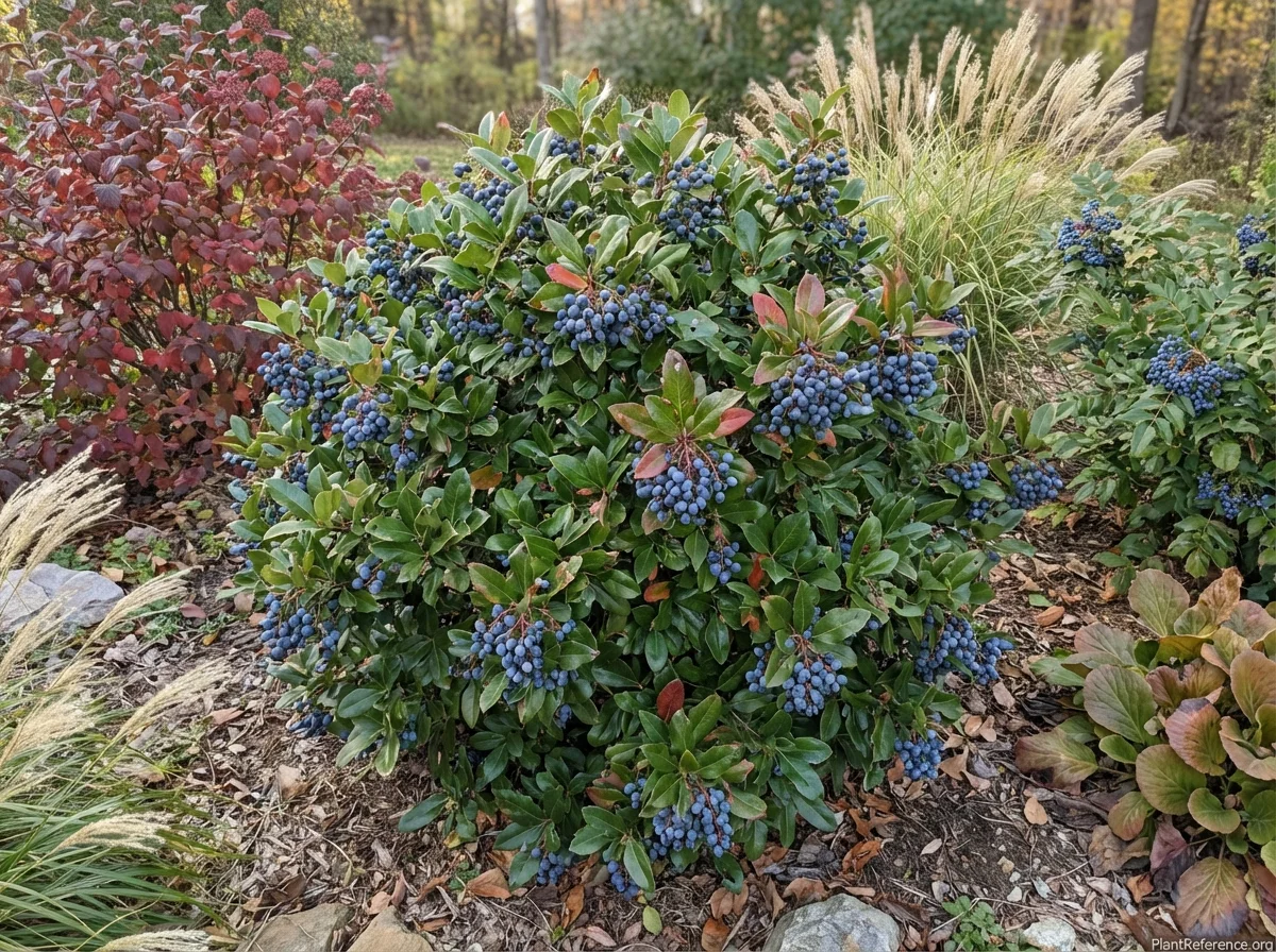 Mature Berberis × gladwynensis hybrid shrub showing heavy fall berry production with dense clusters of blue-black berries and some reddish-bronze fall color in naturalistic woodland edge planting