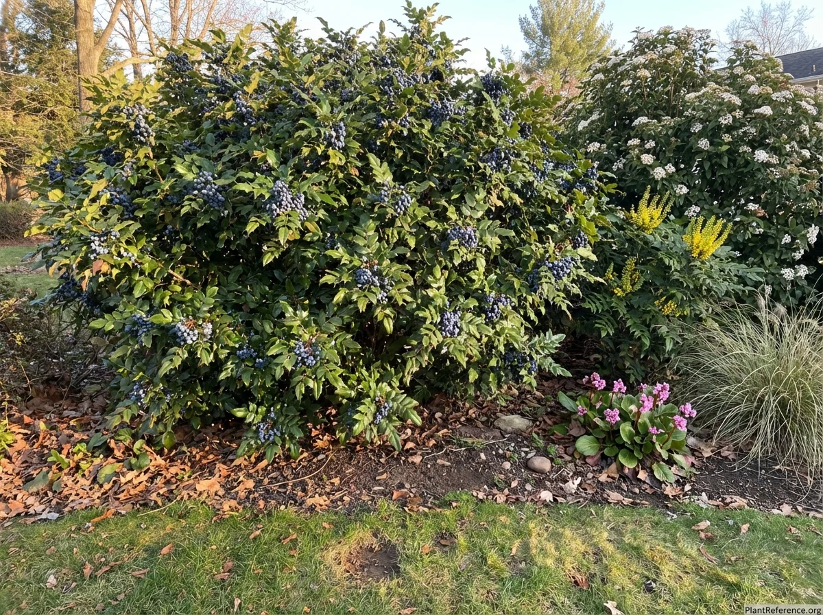 Mature Berberis julianae shrub displaying abundant blue-black berries with waxy bloom, dense evergreen foliage with spiny margins, and characteristic triple spines used as property line screening barrier planting