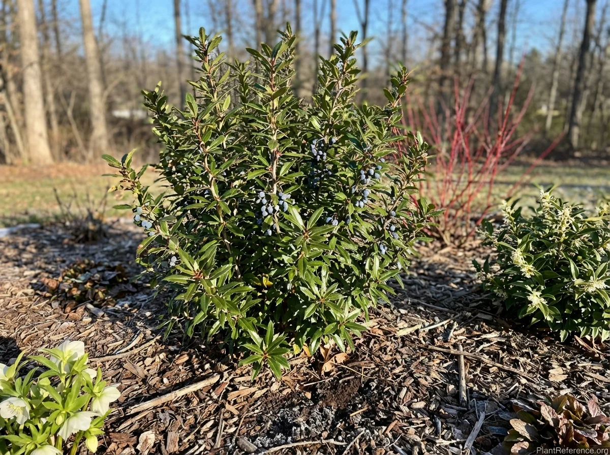 Winter view of Berberis julianae showing persistent evergreen spiny-margined leaves, rigid branching structure with prominent triple spines, and scattered blue-black berry remnants in wildlife habitat garden setting