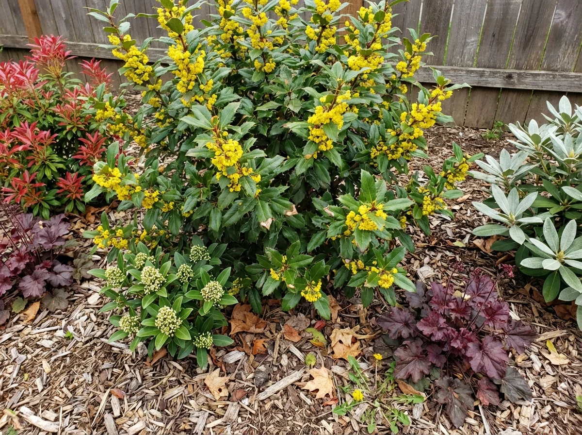 Five-year-old Berberis julianae shrub in spring bloom showing dense golden-yellow flower clusters, glossy evergreen spiny leaves, and prominent triple spine clusters, planted in mixed shrub border with companion plants