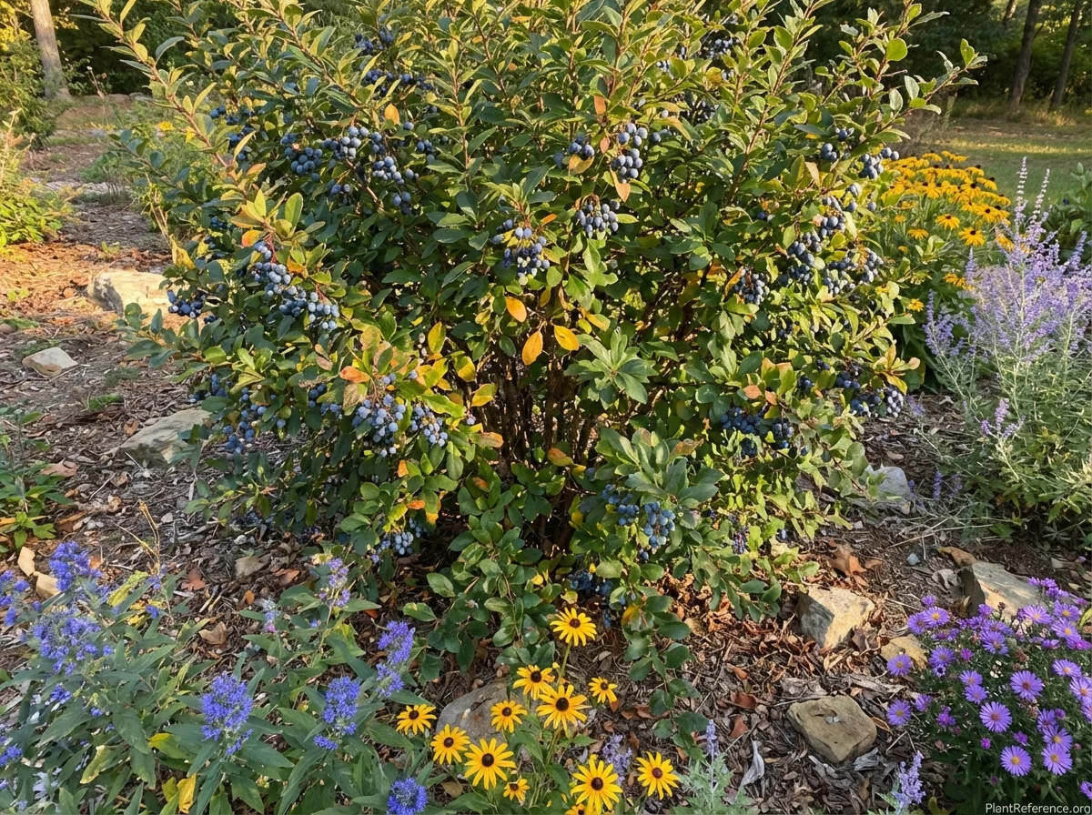 Mature 18-year-old Berberis gladwynensis displaying dense thorny architecture and abundant blue-black berry clusters in fall, with semi-evergreen foliage beginning autumn color change, accompanied by late-season flowering perennials in a naturalistic wildlife garden