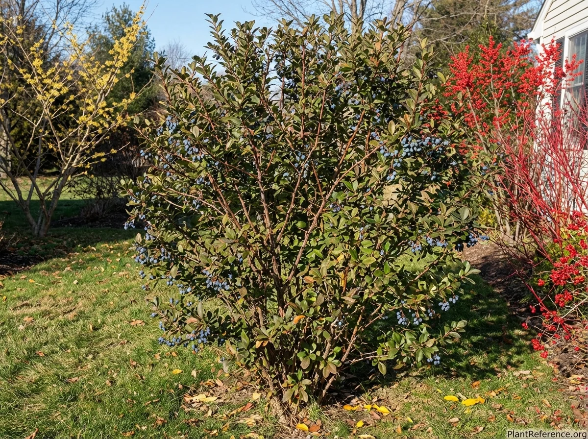12-year-old Berberis gladwynensis in winter showing semi-evergreen foliage retention and persistent berry clusters, demonstrating the hybrid's winter interest with prominent thorny branching structure, planted with winter-flowering shrubs and colorful-stemmed companions