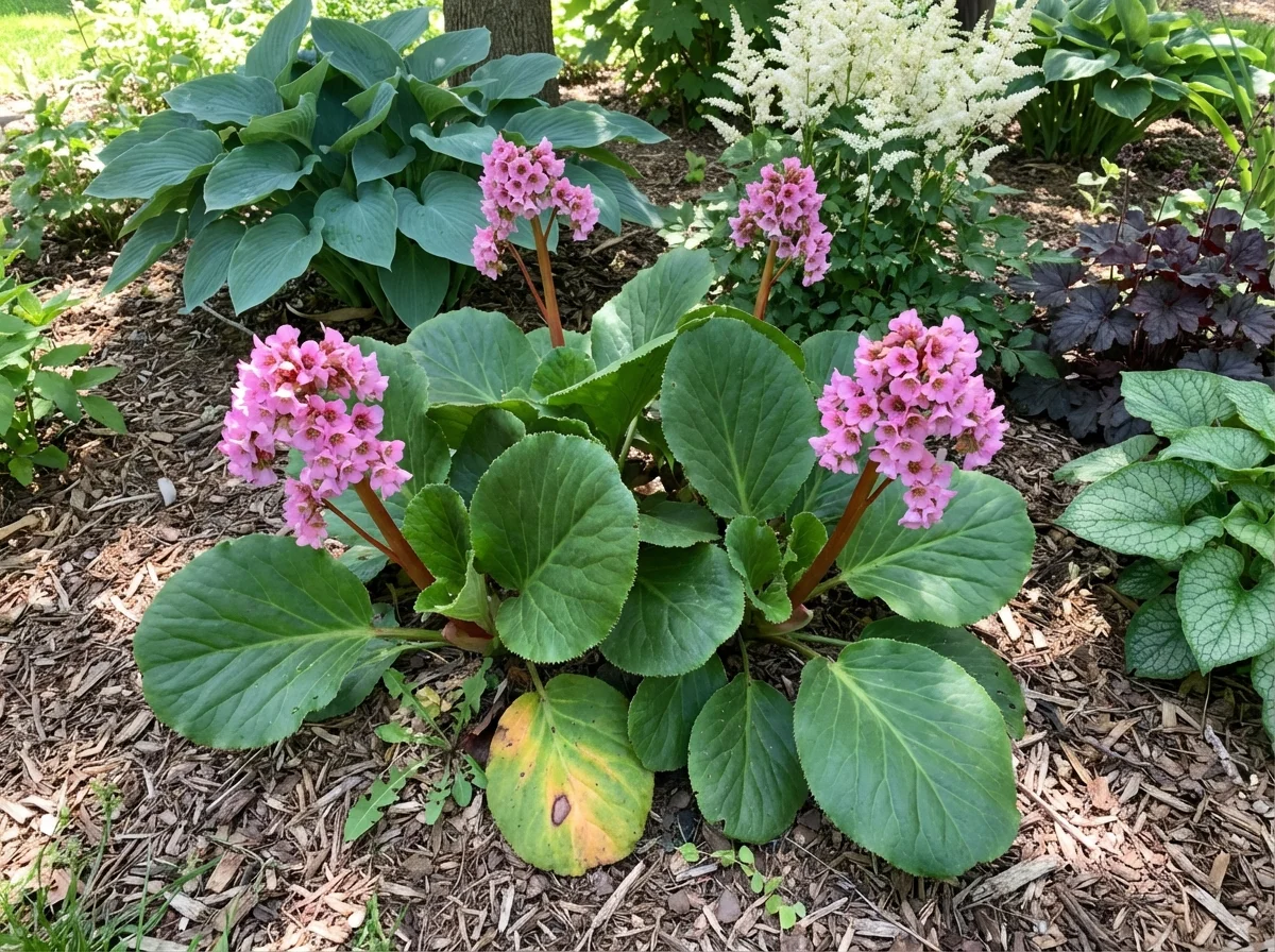Mature Bergenia ciliata at full size displaying exceptionally large ciliate-margined leaves and multiple pink flower clusters in established shade border with hostas and astilbe