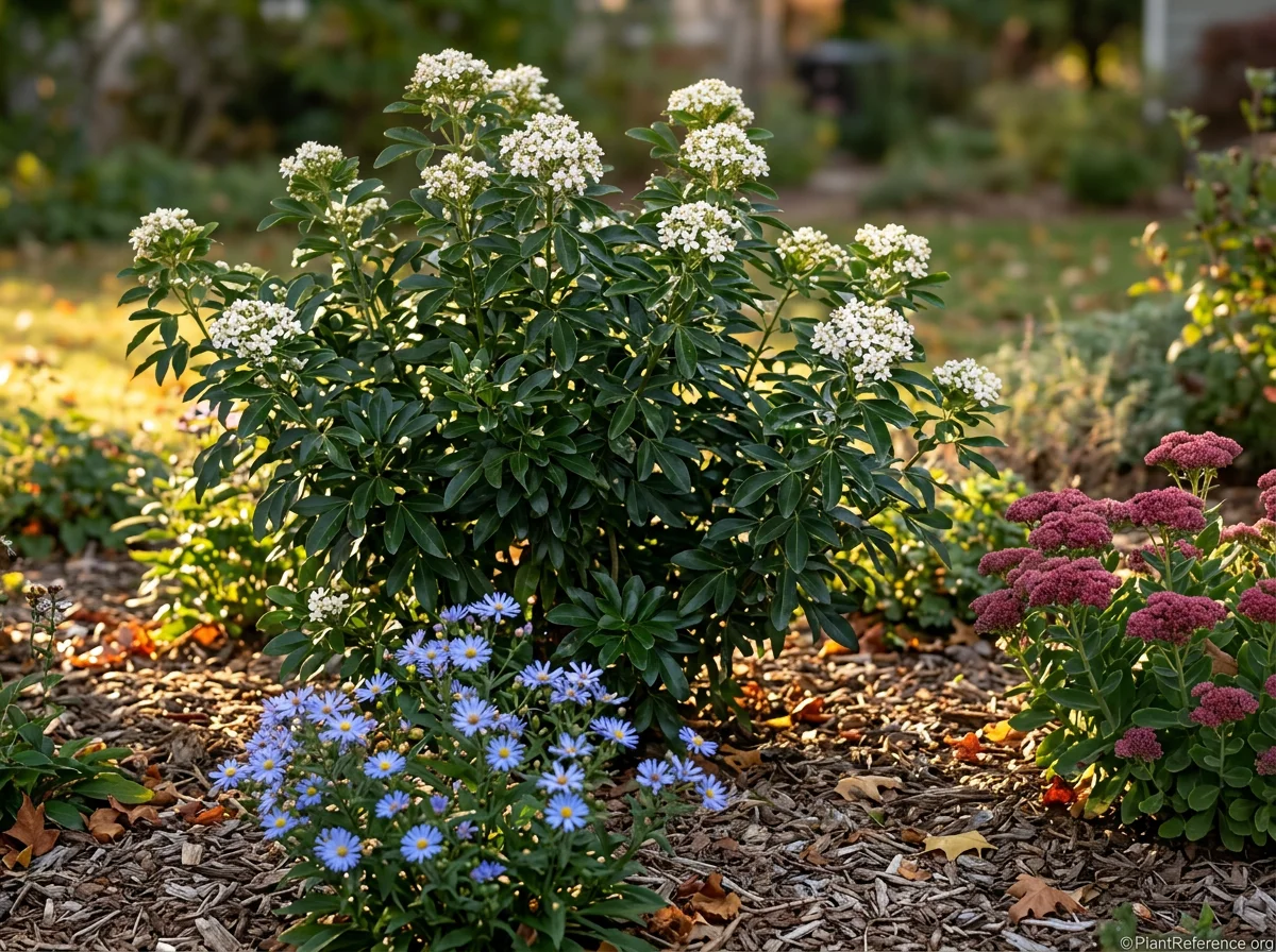 Choisya ternata in September with the secondary autumn bloom flush of fragrant white clusters against the bold dark glossy evergreen foliage.