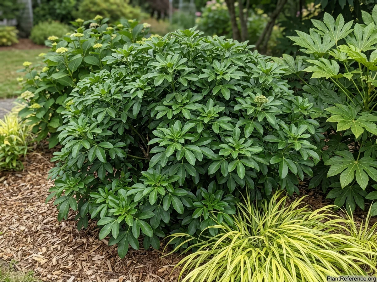 Choisya ternata in summer showing the bold palmately compound leaves with three broad elliptic leaflets in a dense rounded mound in a mixed border.